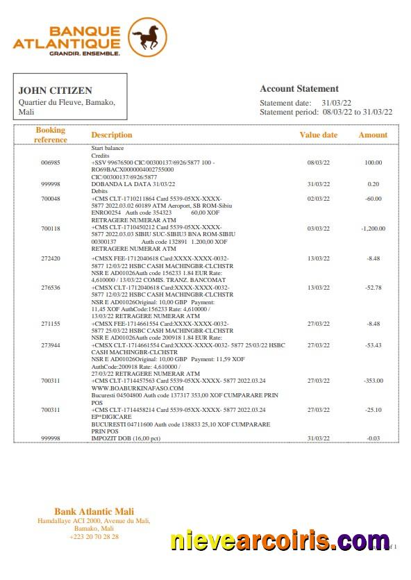 Mali Banque Atlantiaque bank statement in Word and PDF format, .doc and .pdf format